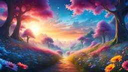 paesaggio eterico sole nascente brillante alta definizione 8k fiori colorati cielo blu alberi fatati spiritualità