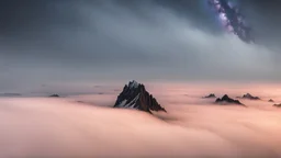 A surreal night-time scene featuring a sharp mountain peak rising through a thick layer of fog. Only one single peak is visible, The mountain's dark, jagged silhouette contrasts against the soft, pastel hues of the fog illuminated by moonlight. Above, the night sky is adorned with countless stars and a segment of the Milky Way, adding a sense of wonder and vastness to the scene. The overall atmosphere is mystical and serene, capturing the beauty of nature in a high-resolution, panoramic view