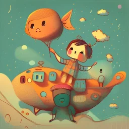 Charming stylized characters. Large heads, big expressive eyes, small, delicate features. Done in the playful and minimalist style of modern children’s book illustration. Diffused outlines, misty, dream-like quality. Colors are warm and subdued illustrating a cheerful demeanor. With a touch of quirkiness. Show me a cute young kid with a balloon in the shape of a big fractal-decoration-covered fish standing on s little planet floating in a sky painted with stars, suns and planets like ones one wo