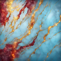 Hyper Realistic Light-Blue & Golden-marble-background with glowing-embers & maroon-scratch-marks vignette-effect