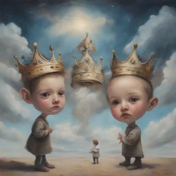 Surreal painting of 2 toddlers, , strange crown, , the sky in the background