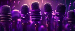 an array of a huge old school microphones, purple tones, dreamy, psychedelic, 4k, sharp focus
