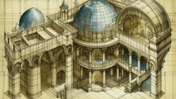 Dibujo arquitectónico técnico y onírico, como un plano axonométrico que se vuelve imposible: edificios que se atraviesan a sí mismos, cúpulas que flotan sobre columnas invertidas y habitaciones que caben dentro de escaleras. Aplica tinta y acuarela suelta, papel antiguo, anotaciones ilegibles y un estilo entre Leonardo da Vinci y M.C. Escher, con precisión de blueprint y misterio de ruina.
