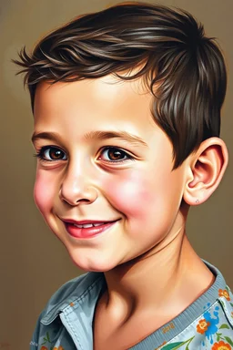 A five-year-old Palestinian boy with a beautiful face, his face turned slightly to the right, a slight smile, his mouth closed, no teeth visible, his eyes looking to the left, he appears to be drawn with oil paints