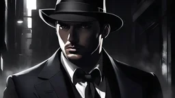highly detailed eyes and lips; In a dark urban alley, a shadowy figure in a fedora and tailored suit holds two menacing pistols, exuding an air of danger. Their eyes concealed in shadows, the cold steel of the guns catches a glimmer of light. The noir-style thumbnail captures the essence of a ruthless mafia killer, ready for action in the gritty underworld. with highly detailed hand, highly detailed fingers, high quality, 8K, wide view