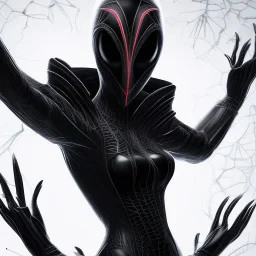 This spider woman is a formidable sight to behold, with the body of a human woman and the head and legs of a spider. She is dressed in a sleek black and red leather suit, with a hood that covers her spider head. Her skin is covered in shimmering black scales, and her eyes glow a bright, otherworldly green. She is fast and agile, able to climb walls and ceilings with ease. She has venomous fangs and sharp claws, and she can spin webs of magical energy to ensnare her enemies. She is intelligent an