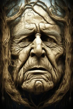 surrealis monochrome A fragmented, surreal sculpture liguid color of photorealistic image 3d,psychedelic art of an old man face glossy emerging from dreamlike a crumbling building. The face appears pale with deep cracks and intricate details, evoking a haunting expression. Blackened tree branches intertwine with the gold mengkilat cracks, set against a backdrop of stormy, cloud-filled skies. bauhaus art The overall tone is dark and moody, suggesting themes of decay and transformation. Include