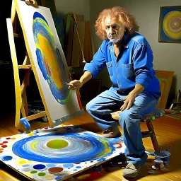 Elderly artist with curly gray hair painting abstract art in sunlit studio, blue denim overalls, holding brush and palette, large colorful canvas with geometric circles and organic forms, "Controlled Spontaneity" artwork, paint cans on floor, wooden easel, natural lighting --ar 16:9 --v 6.1 --style raw --q 2