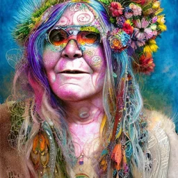 An old Hippie Janis Joplin in colorful clothes, flowers in her white hair. Face full of wrinkles, slight smiles, highly intricate, delicate detailed complex, vibrant colors by Laura Burch, Tom Bagshaw, water color by jean - baptiste monge, art by ivan gantschev and greg rutkowski. by sabbas apterus Nikon D850 trending on Artstation highly detailed digital painting ultra reallistic fantasy beautiful dynamic lighting hyperrealistic cinematic postprocessing concept art , beautiful eyes ,