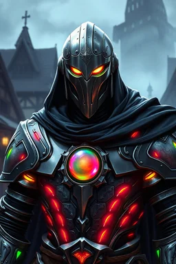 large male warforged, medieval gothic armor, full helm, glowing eye slits, very broad shoulders, black cloak with hood covering head, silver armor, rainbow-colored lines of light coming from all armor gaps, 1 spherical rainbow-colored core in chest, fantasy village setting, dungeons and dragons