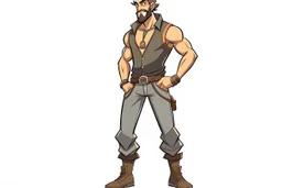 game charachter design, his name is Paulo, Brazilian, full body, simple, muscled, perfectly drawn, detailed, no background