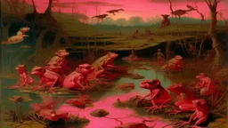 A magenta psychic swamp with frogs painted by Leonardo da Vinci