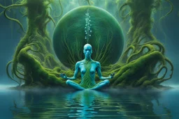 Ecological Art, plants, floating earths, long leaf tendrils, green colors and shades, in blue waters full body beauty mitical human-plants mutant meditates in stunning alien flora , cinematic, mistic mood