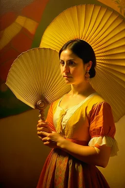 mexican woman holding a fan turning around looking into camera neoclassism painting sun