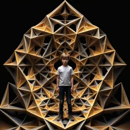 a 3d structure fractal based on tiangles with small spheres at joints ,with a 8 years old boy standing in center