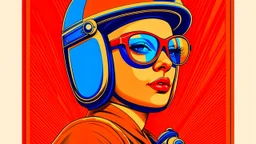 woman wearing a helmet and sunglasses on a vespa motorcycle, Dahlov Ipcar posters, behance contest winner, retrofuturism, poster art, behance hd, dystopian art, art deco, 1950s, orange, blue, posters, portrait, face to face