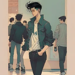 Teen man, black hair, perfect face, style of tomer hanuka, jeans, pompadour.