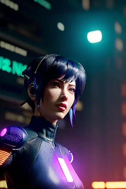 Ghost in the shell style, pretty cyber woman, cables, futuristic, blood, black, gold, brown, geisha style, decorative color feathers, simétrico, circuits, neon style, a lot of led lights, fog, rain, vibrant color, highly detailed, art stations, concept art, smooth, unreal engine 5, god rays, ray tracing, RTX, lumen lighting, ultra detail, volumetric lighting, 3d, finely drawn, high definition, high resolution.