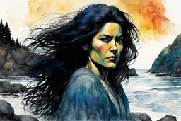 create an ink wash and watercolor print illustration of a raven haired female Salish shaman with finely detailed hair and feminine facial features, along the rocky shore of Vancouver Island , in the comic book art style of Bill Sienkiewicz, Mike Mignola, and Jean Giraud Moebius, finely textured, drawn, colored, and inked, suffused with the dramatic natural light of dawn