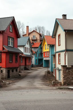 Fotografia di strada random assurda e falsa orripilante Moldavia Transnistria Adighezia weirdcore dai colori vivaci. Non luogo falso, inusuale. Max Ernst. Le case sono false e dipinte di chiaro con cose stilizzate e dettagli. Ci sono strane. , che danno un senso distopico e molto surreale, disposte in modo casuale. L'atmosfera generale sembra noiosa e onirica, con un contrasto tra elementi reali ed elementi dipinti falsi, René Magritte