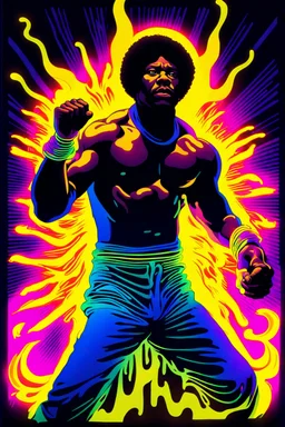 70s Black light poster design in the style of George Goode, featured “a black man rais[ing] his unshackled fist while the background bursts with fluorescent yellow flame.” neon fluorescent glow, psychedelic, bright, shimmering, fluorescent colors pop and sizzle, mystique, cosmic