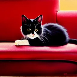 Drawing of 'a cute Cat in a red sofa',painting by Earl Norem, simon Bisley,frazetta,Howard,西嘛哒, evan lee, Vallejo,kelly oil on canvas, cinematic composition, extreme detail,fit full body inside picture,8k