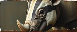 airbrush a, close up on rhino badger , pinhole cam, airbrush 3d rendering, in the style of Titian and Rembrandt , torn edges on border