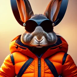 Rabbit toddler, smile, steampunk headphone, sunglass, gangsta neckless, full body, orange puffer jacket, manila background, dramatic lighting, hyper realistic, unreal engine 5, 16k