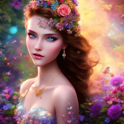 bright fairy, beautiful portrait, flowery landscape