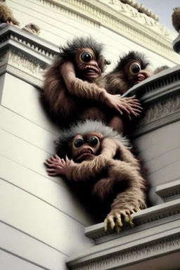 lots of weird hairy creatures climbing up the capitol building wall