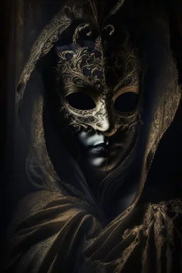 An intriguing, chiaroscuro-style portrait of a mysterious figure wearing a Venetian mask, shrouded in shadows and a dramatic play of light and dark, capturing the enigmatic aura and the intricate details of the ornate mask.