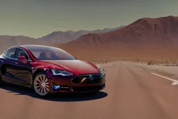 A Tesla 'Model S' is drifting at high speeds, in the Mojave Desert. (CINEMATIC, WIDE ANGLE LENS, PHOTO REAL)