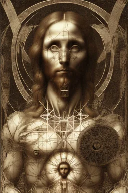 Human – Language – Computer. Leonardo da Vinci's Vitruvian man against the background of the matrix and the crumbling ones and zeroes. close-up of the surrounding area. Solid science fiction, high resolution