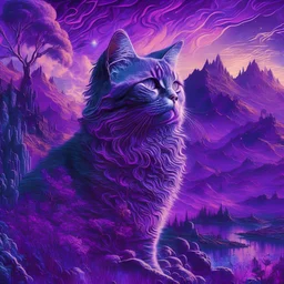 a majestic cat, psychedelic, violet tones, fantasy landscape