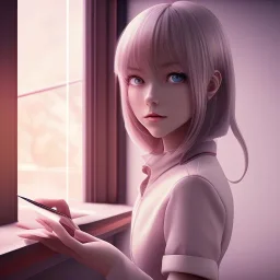 Anime, female student studying under window, studying lesson, perfect face, cool face, ultra detail, unreal engine 5, cinema4d, sun light, studio lighting --ar 1:1 --v 4