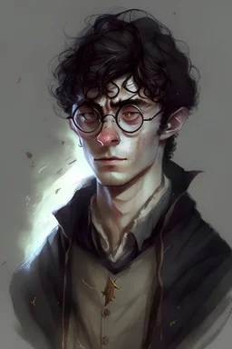 draw a full sorcerer's body, look like harry potter. he is tall, slim and strong. he has short and curly dark hair. he wears round glasses. he has a a medium mouth and a scar on the face.