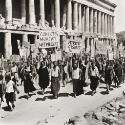 Protest march in ancient Greece with picket signs