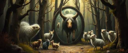 in the magical mirror forest we get a strange portrait and you enter the strangest bubble doorway to weird dimension and the aura of its heavenly fluffy elevated messed up woodland creatures flock painted by Nerdrum and Rembrandt