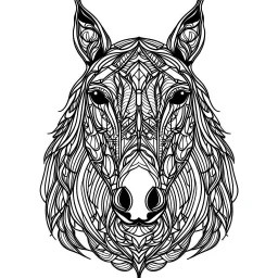 Horse front face view, cartoon, mandala, white back ground color, real style, realistic, minimalistic, minimal black line art, line art, crisp line art, unique coloring sheet, outlined, outline, crisp, crisp line edges, illustration, thin lines, crisp clear lines, line art, clean line art, unique, 8k, amazing, masterpiece, no colors, no dark color, no black color, avoid thick black, minimalistic line edges, pure white back ground, image character full fit to page,