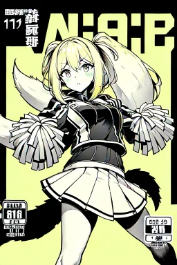 blonde girl with tails and cheerleader jacket, line arts, manga cover, greyscale