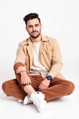 The image shows a man sitting on the floor in a minimalist studio setting with a clean white background. He is dressed in a stylish, neutral-toned outfit consisting of a beige overshirt, a light inner shirt, brown pants, and white sneakers. He has a watch on his left wrist and is seated in a relaxed pose, with one knee bent up and his arm resting casually on it. His expression is calm and confident.