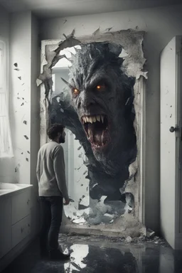 a man looking into a shattered bathroom mirror and seeing a horrifying, abstract deranged monster in his reflection