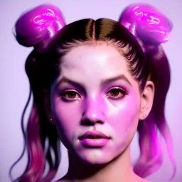 Rosalía artist, porcelain material skin, pink eyeliner, pigtails hair, gold, pink, geisha, led lights, fog, rain, latex, vibrant color, highly detailed, art stations, concept art, smooth, unreal engine 5, god rays, ray tracing, RTX, lumen lighting, ultra detail, volumetric lighting, 3d, finely drawn, high definition, high resolution.