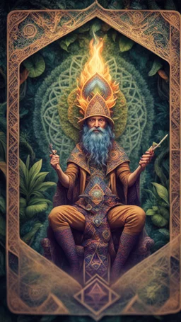 mandala style framed playing card illustration, close up portrait of an ace happy blessed ancient magical scaly enlightened weird evocation wizard posing for photo shoot on a throne, holding a burning sceptre, in a space alien mega structure with stairs and bridges woven into a sacred geometry knitted tapestry in the middle of lush magic jungle, bokeh like f/0.8, tilt-shift lens 8k, high detail, smooth render, down-light, unreal engine, prize winning