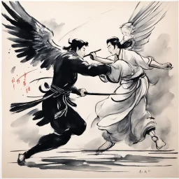 [traditional Chinese brush, expressive line, ink washes] Jacob wrestling with angel
