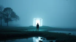 A lone figure standing in a misty, foggy landscape with a glowing cube-shaped object in the distance, surrounded by a body of water and silhouetted trees