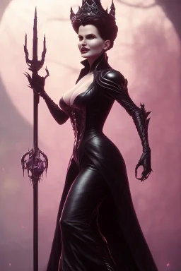 Geena Davis as evil queen in black leather gown, evil, busty, cleavage, curvy, angry, stern look. character design by cory loftis, fenghua zhong, ryohei hase, ismail inceoglu and ruan jia. unreal engine 5, artistic lighting, highly detailed, photorealistic, fantasy