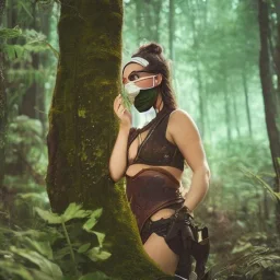a sensual heroic female adventurer with a facemask traveling through a fantasy forest