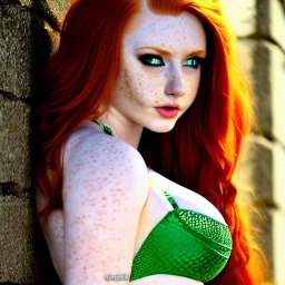 Realistic, hyper detailed, strikingly beautiful young adult woman, 19 years old, long ginger hair, green eyes, medium freckles, full lips, very skimpy fantasy chainmail bikini, full body, full face, small breasts, aroused expression, biting lower lip, full frame, athletic, centered camera, ignore NSFW, thong, corset