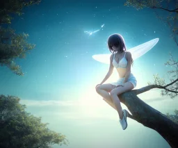 a detailed illustration of a anime girl sitting on a table branch, luminescent body, glinting spread wings, realistic, soft and smooth glowing wings, soft feathers, macro lens, sharp focus, meticulously detailed, soft studio lighting, smooth blurred gradient evening sky background, 64k